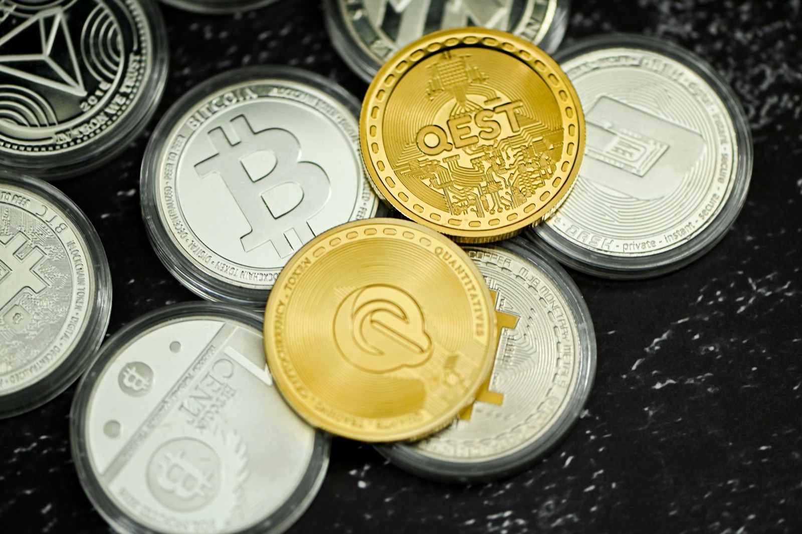 a pile of coins sitting on top of a table